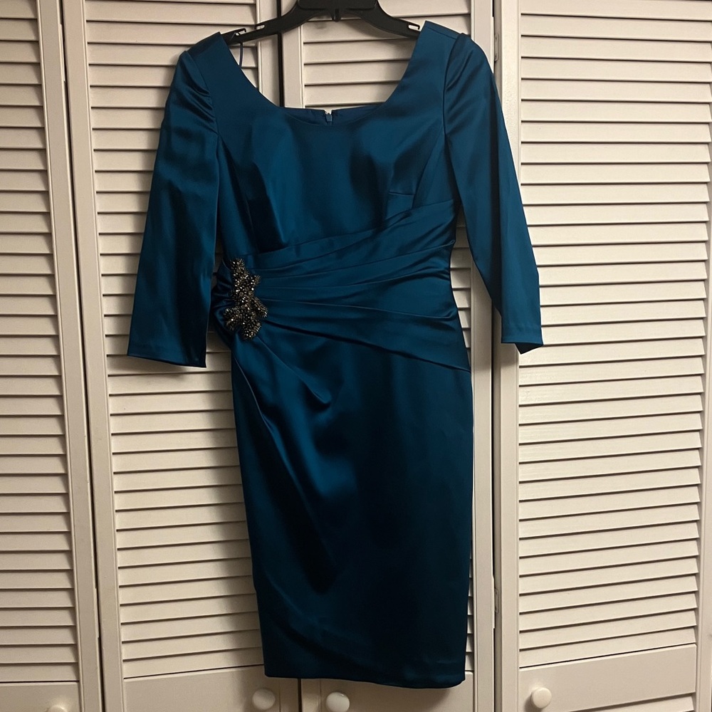 Kay Unger Teal Long Sleeve Dress with Embellishment